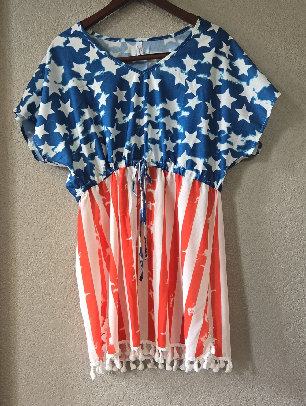 Star & Stripe Tassel Hem Cover-Up Dress in Blue, Red & White